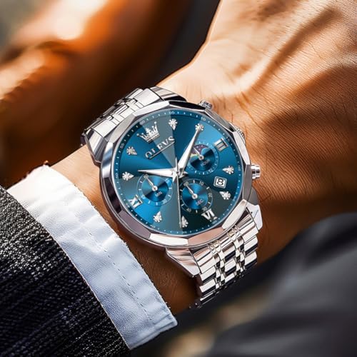 Image of OLEVS Watches for Men Luxury Diamond Casual Large Dial Watches Stainless Steel Waterproof Business Dress Analog Luminous Date Mens Watches