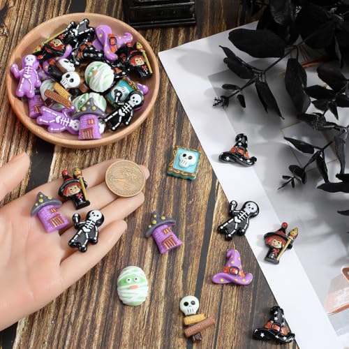 SUNNYCLUE 54Pcs 9 Styles Halloween Resin Charm Skeleton Cabochon Bulk Assorted Flatback Holiday Ghost Mummy Skeleton Skull Witch Hat Spooky Cabochons for DIY Crafting Jewellery Making Embellishments - Image 3