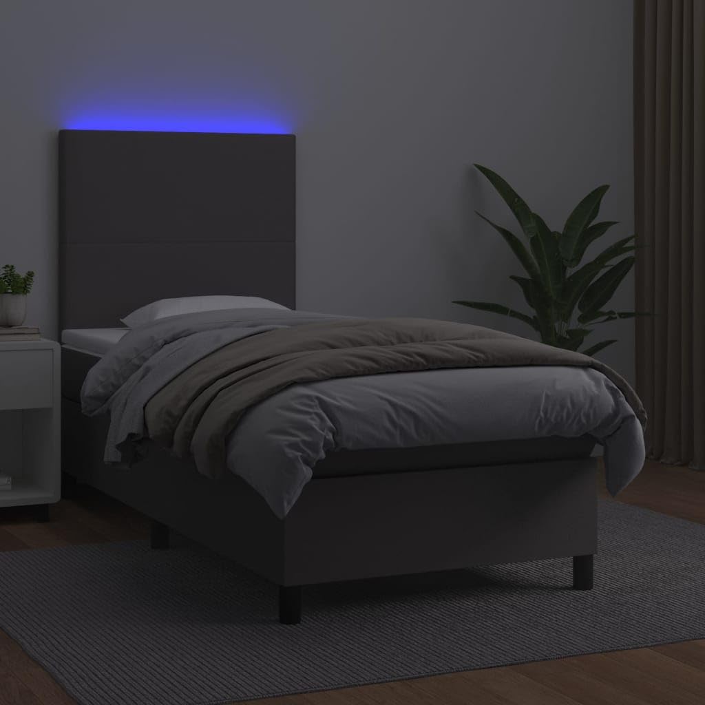 sztuczna skóra z regulowanym zagłówkiem LED Szary 100 x 200 cm | Łóżko kontynentalne 100x200 z materacem sprężynowym i LED, szara ekoskóra, zagłówek regulowany, nowoczesne do sypialni