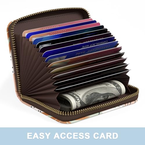 Image of Aiawoxc Credit Card Holder, Small RFID Wallet Slim Leather Card Organizer Case with Zipper and Wristlet Strap, Boho Leaves