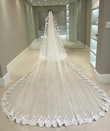 Fenghuavip Cathedral Wedding Veils for Bride 1 Tier Full Lace Edge with Comb, White, 3 meters=9.8 ft - Thumbnail 2