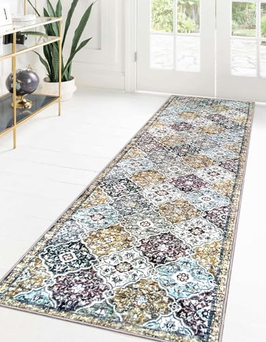 KILOCOCO 2x8 Runner Rug, Moroccan Super Soft Washable Hallway Entryway Runner Rug, Accent Print Faux Wool Kitchen Runner Rug 8 Feet Non-Slip Boho Rug Runners for Laundry Room Bedroom, Gold/Multi