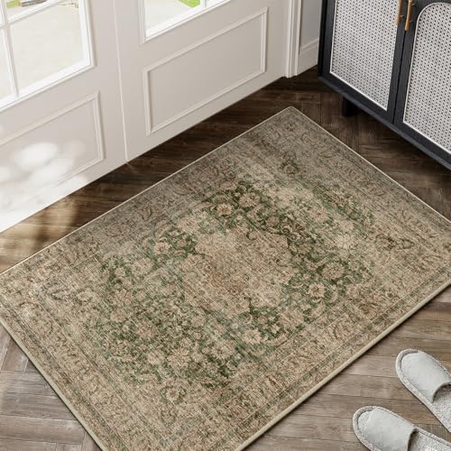 2x3 Washable Green Vintage Area Rug for Entryway Non-Slip Low Pile Traditional Carpet Retro Distressed Soft Thin Door Mat Small Accent Throw Rug for Kitchen Entrance Bathroom Indoor