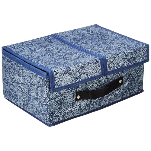 Image of Amazon Brand - Solimo Double Lid Foldable Storage Box | Toys Storage Bin | Wardrobe organizer for Clothes | Front Handle | Stackable Rack | 36 x 25 x 16 cm (Flower Print, Navy Blue)