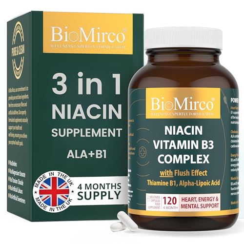Niacin Supplements with Flush Effect B3 Vitamin Supplement Nicotinic Acid B1 Thiamine ALA 120 Capsules Cognitive Function Cholesterol Heart & Energy 50mg Active Form (niacinamide alternative)