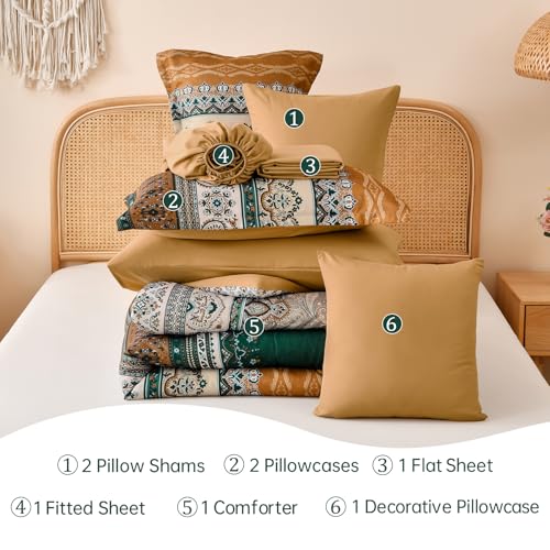 Image of Cottolester Boho Comforter Set Full Size,8 Pieces Brown and Green Bohemian Striped Bed in a Bag,Paisley Soft Microfiber Bedding Comforter Set