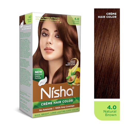 Image of Nisha Creme Hair Color, Permanent Hair Colour Natural Brown, Silky & Shiny 100% Grey Coverage & Ammonia Free Color With Natural Henna Extract, 60G+60Ml