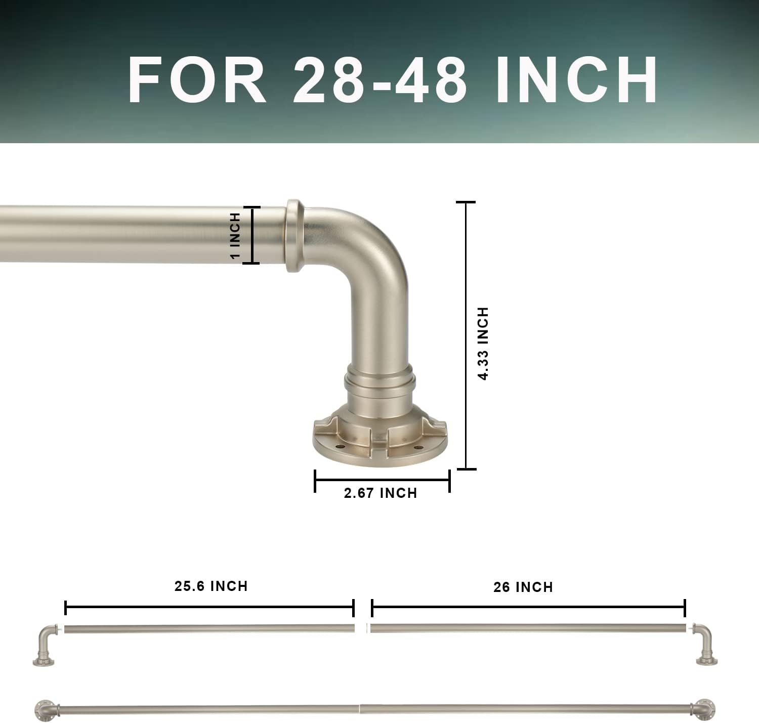 Wrap Around Industrial Blackout Curtain Rod - Adjustable 1 Inch, Room Divider for Windows, Indoor/Outdoor (Stain Nickel, 28-48")