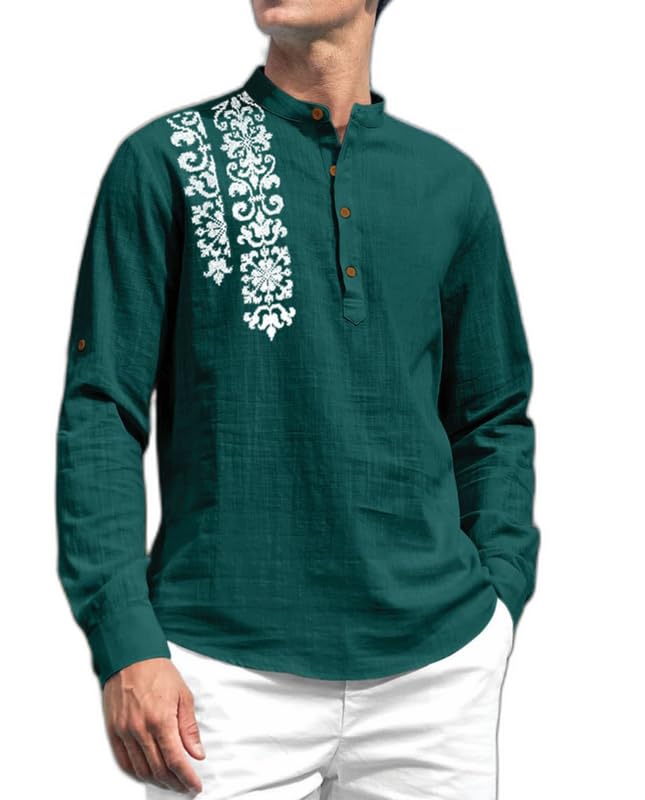 Image of FINIVO FASHION Men's Cotton Blend Short Kurta Shirt | Casual Ethnic Wear with Roll-Up Sleeves & Mandarin Collar | Comfortable Fit Tunic for Festive, & Summer Outings