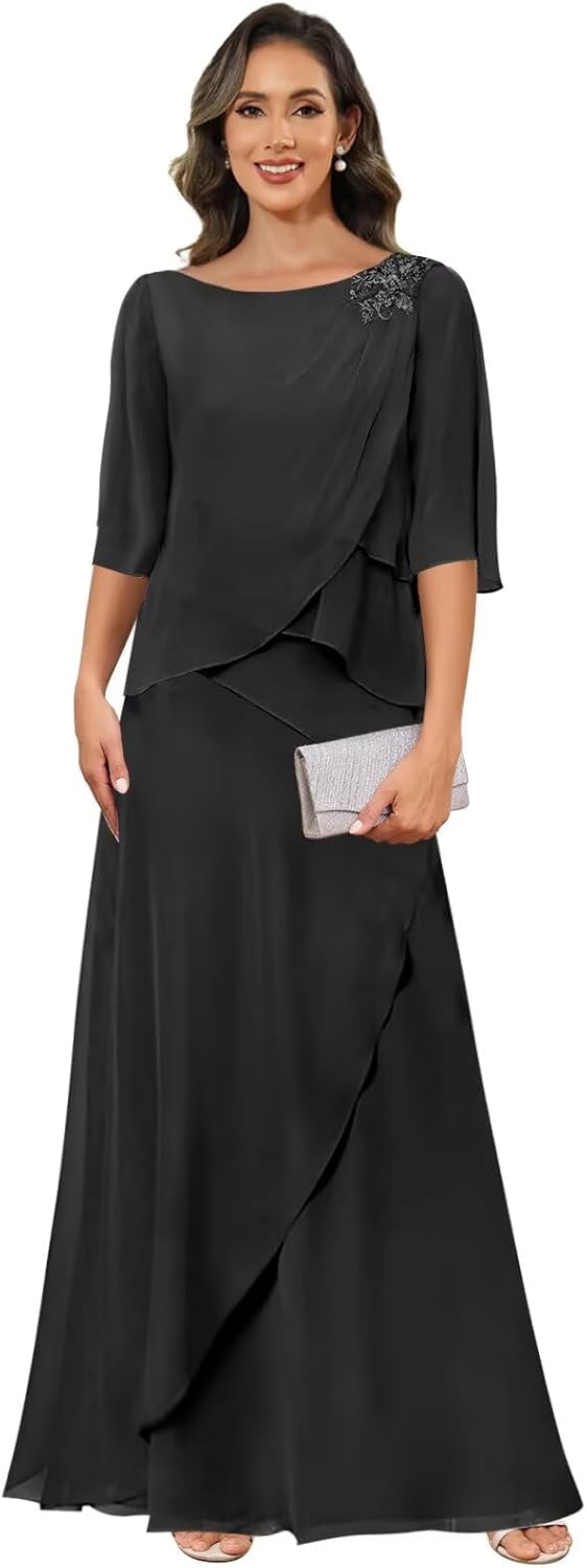 Mother of The Bride Dresses for Wedding Chiffon A Line Long Evening Dresses with Sleeves