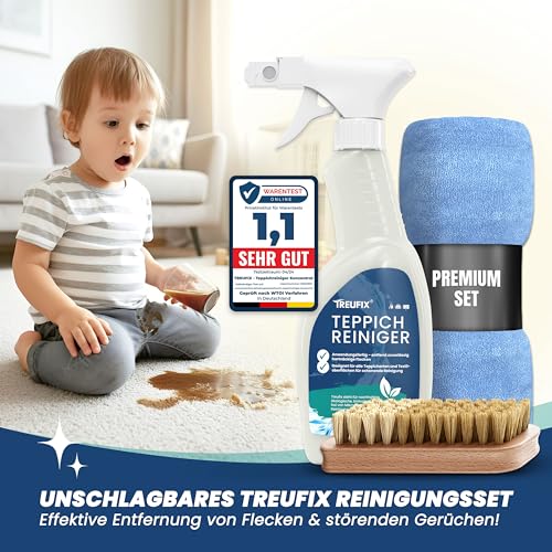 Treufix - Teppichreiniger & Polsterreiniger [Profi SET inkl. Teppichbürste & Mikrofasertuch] Stark gegen Flecken | für alle Teppichböden und Polster | Teppich Reinigungsmittel 500ml - Made in DE