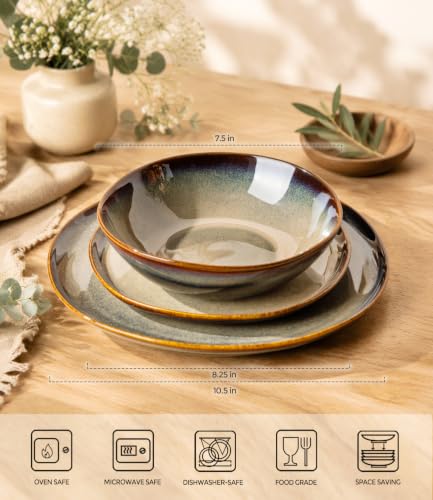 Image of Ceramic Dinnerware Set for 4, 12-Piece Plates and Bowls Set | Handmade Reactive Glaze Dish Set, Scratch Resistant, Oven & Microwave & Dishwasher Safe, Mocha Brown