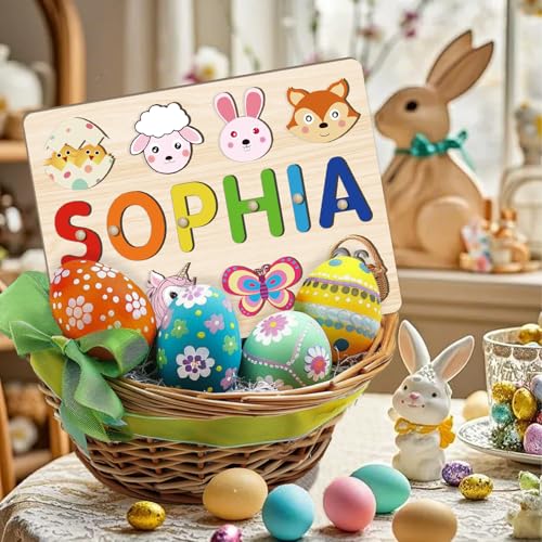 Image of Name Puzzle for Kids Personalized, Baby Easter Basket Stuffer - Custom Baby Boys Girls Easter Birthday Gifts with Engraved Text on Back, Montessori Learning Toys for Toddler 1-3