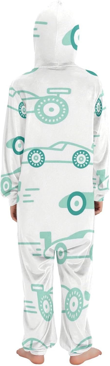 Cartoon Cars TurquoiseUnisex PajamaSoft Cozy Hooded One-Piecing Jumpsuitsfor Parties Sleepovers