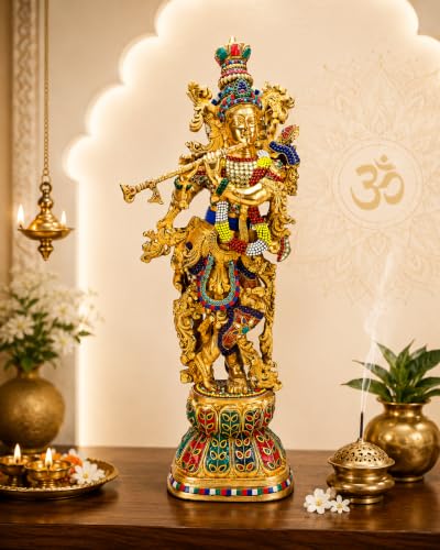 Brass Lord Krishna Murti Playing Flute Multicolor Gemstone Unique...