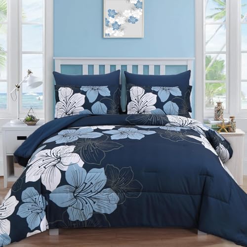 Luxudecor Navy Blue Twin Comforter Set, 5 Pieces