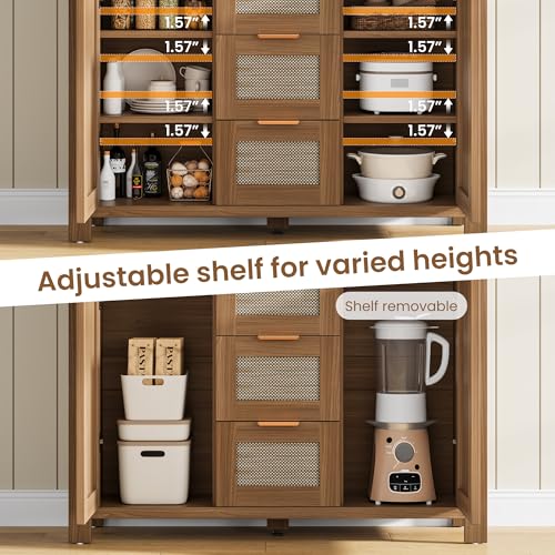 IDEAHOUSE Boho Buffet Sideboard with 3 Drawers, 51" Kitchen Storage Cabinet with Adjustable Shelves, Natural Coffee Bar Cabinet for Dining Room, Living Room, Entryway, Light Oak/Dark Oak by IDEALHOUSE - Used condition - Image 7