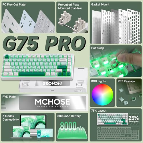 Image of MCHOSE G75 PRO Wireless Mechanical Keyboard Tri-Mode Connection Gaming Keyboard Hot Swappable Custom Gasket Structure Pre-lubed Linear Switches Double Shot PBT Keycaps RGB Backlit White&Green