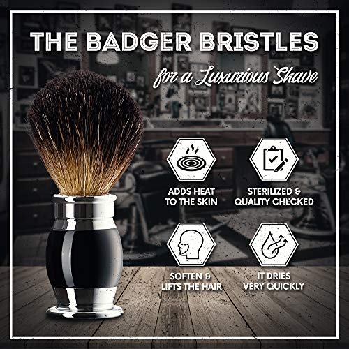 Shaving Brush Set - Professional Shaving Brush with 100% Pure Badger Bristles -Black Resin Handle - Solid Chrome Shaving Brush Stand for Wet Shave - Safety Razor