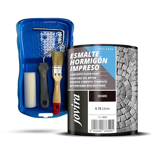 JOVIRA PINTURAS Resina-Esmalte Hormigón Impreso + Minicubeta, 2 Rodillo Antigota, Varilla y Paletina. (750 Mililitros, Negro + Minikit Esmalte) I-9-K