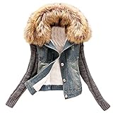 SPE969 Denim Jacket Women's Removable Faux Fur Collar Knit Sleeve Button Pockets Jeans Coat,Blue,M