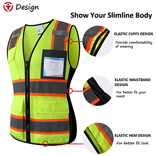 Image of Safety Vest for Men Women Reflective Construction Vest Hi Vis ANSI Standard | ANSI Standard, 8 utility Pockets 4 Reflective Strips with Neon trim High Visibilty Breathable Mesh Safety Apparel for Work