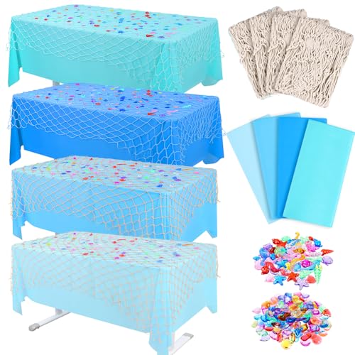 Image of IWOLOMI 8 Pcs Fish Net Decorations and Tablecloth Set, Ocean Plastic Table Cloth and Cotton Fish Net Decorations Set for Nautical Themed Party Mermaid Birthday Party Baby Shower Pirate Decorations