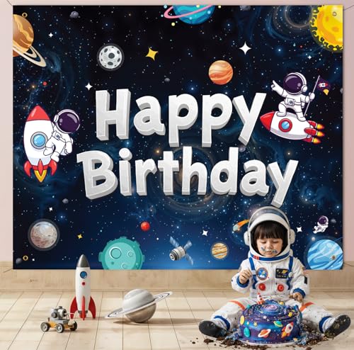 Image of Party Propz Space Theme Birthday Decoration Backdrop 2 Pcs - Outer Space Astronaut Happy Birthday Backdrop Decoration for Boys (5 x 4 Ft) with Ribbon,Astronaut Theme Decor for Kids