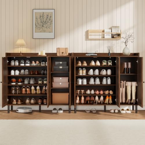 Image of ONBRILL Shoe Cabinet with 3 Doors and Adjustable Shelves, 30 Pairs Shoe Storage Cabinet, 40 Inch Tall Farmhouse Shoe Rack Shoe Organizer Cabinet for Entryway Living Room Closet, Walnut