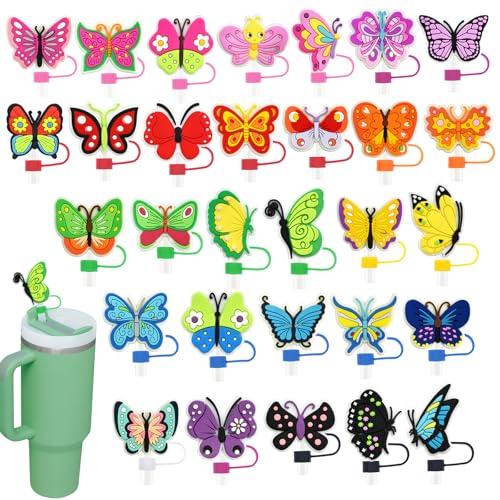 30 Pack Butterfly Straw Covers Cap for Tumblers, 10mm Cute Dust-Proof Straw Topper for Water Bottles Stanley Cups Accessories Gifts For Women Party Favors