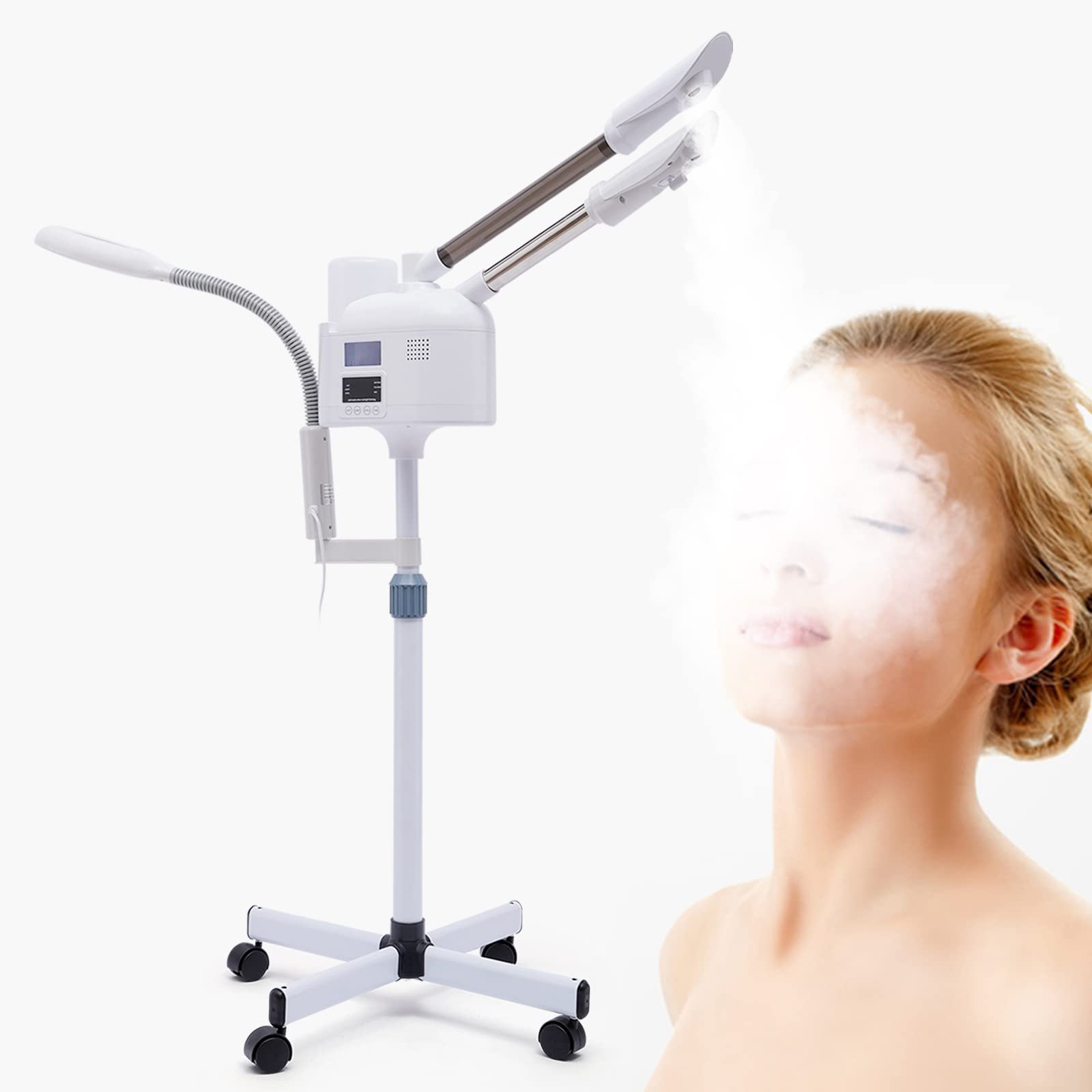 Vaporizador facial 3 en 1, vaporizador de ozono con luz LED y lupa, boquilla caliente y fría, salón de belleza, sauna facial, limpiador de poros, humidificador