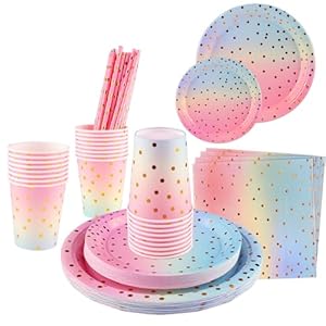 Vajilla de Fiesta, Shodiffy 150 Piezas Platos y Vasos para Cumpleaños, Reutilizable Platos de Papel Servilletas de Vasos Pajitas para Fiestas, Bodas, Aniversarios para 25 Invitados