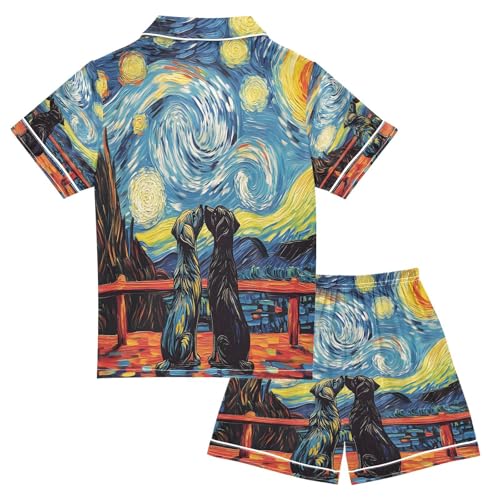 ALAZA Black Dog Love Galaxy Nebula Van Gogh Satin Pajamas Set Short Sleeve Button Down Sleepwear Summer Pjs 2 Piece2