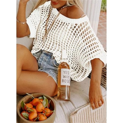 Elaiborate Knit Top, Womens Summer Scoop Neck Shortsleeve Sweater Casual Crochet Hollow Out Knittops4