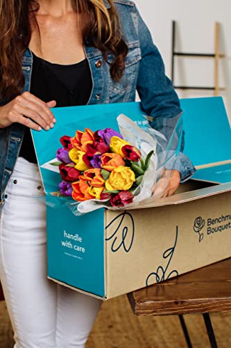 benchmark bouquets - 20 stem rainbow tulips glass vase included - fresh flowers for delivery - gift for birthday anniversary sympathy get well congratulations