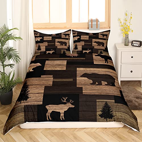 Erosebridal Rustic Farmhouse Duvet Cover Queen,Moose Lodge Bedding Set With Patchwork Of Grizzly Bears And Buffalo Plaid Check,Vintage Wooden Hunting Animal Comforter Cover With 2 Pillowcases thumb #3