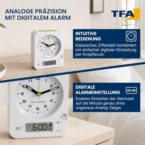 Foto von TFA Dostmann Combo Funkwecker, 60.1511.01.05, Analoge Uhrzeit und digitaler Wecker, Funkuhr, einfache Bedienung, geräuscharm, genau, für das Schlafzimmer, batteriebetrieben, weiß-grün