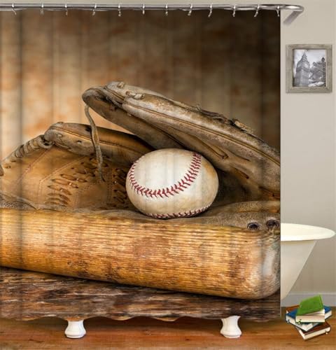 Duschvorhang 120x180 cm Baseball Shower Curtains 3D Retro Duschvorhänge Anti Schimmel Textil Bad Vorhang aus Waschbar Polyester Stoff für Badewanne B-3082