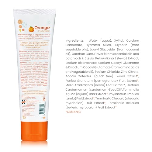 Image of Himalaya Botanique Kids Toothpaste, Herbal, Orange Flavor, Fights Plaque, Fluoride Free, Gentle, No Artificial Flavors or Colors, SLS Free, Gluten Free, Cruelty Free, Vegan, Foaming, 4 Oz, 2 Pack