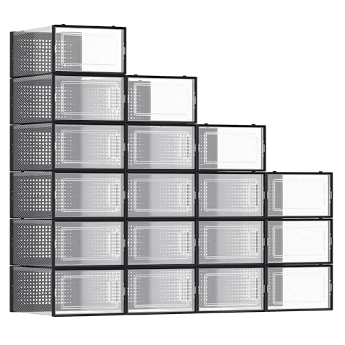 SONGMICS Schuhboxen, 18er Set, Schuh-Organizer aus Kunststoff, faltbar und stapelbar, für Schuhe bis Größe 44, transparent-schwarz LSP18SBKV1