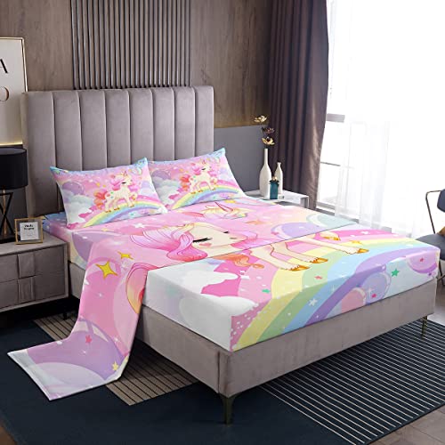 Feelyou Unicorn Girls Bedding Set Twin Kawaii Cute Rainbow Unicorn Bed Sheets Cartoon Horse Sheet Set Kids Children Galaxy Stars Magical Pink Unicorn Animal Room Decor 1 Sheet +1 Pillowcase