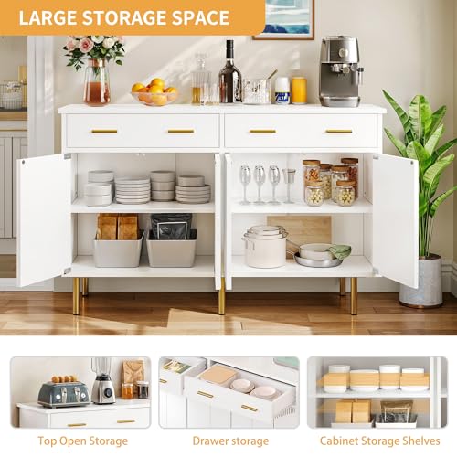 DWVO Modern Sideboard Buffet Cabinet with Storage, 55" Kitchen Storage Cabinet with Doors and Drawers for Hallway, Kitchen or Living Room, White/Gold