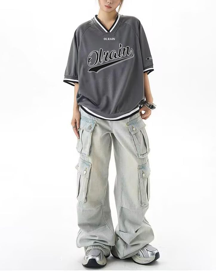 olrain Unisex Oversized T-Shirt Retro Streetwear Sports Jersey Quick Dry Tee Gym Street Baseball Style for Men and Women (Grey, Medium)