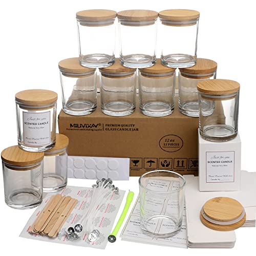 MILIVIXAY Lot de 12 pots à bougies en verre transparent de 355 ml avec couvercles et kits de fabrication de bougies – Pots à bougies vides en vrac pour la...