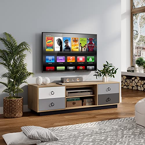 Tangkula Modern TV Stand with 2 Storage Cabinets & 2 Adjustable Shelves, Wood TV Console Table Media Cabinet for TVs up to 60 Inch, 2 Cable Holes, Home Entertainment Center for Living Room, 55 Inch