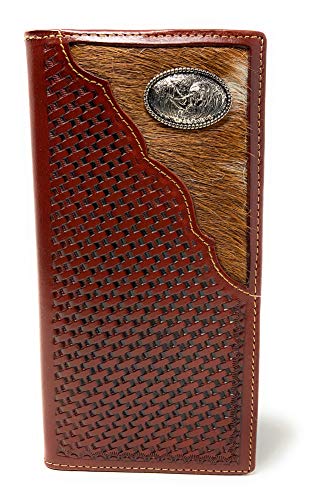 Western Men's Basketweave Genuine Leather Rooster Long Cowhide Stud Bifold Wallet in 3 Colors (Brown)