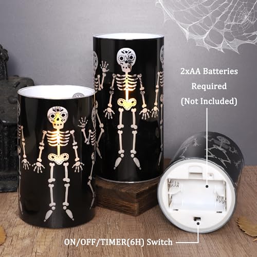 Image of Glass Flameless Candles Black Funny Skeleton Party Decor Battery Operated with Remote Gothic Spooky LED Pillar Candle for Halloween Decorations Haunted House Favors Classrooms, Set of 3