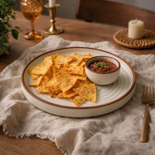Image of Ceramic Chip & Dip Platter | 10 Inches | Off White Stoneware Serving Plate with Dip Bowl for Snacks, Appetizers, Chips & Starters | Microwave and Dishwasher Safe