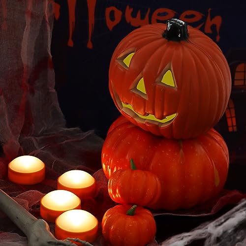 Image of 4 Pack Halloween LED Pumpkin Lights with Remote and Timer Orange Color Flickering Battery Operated Decor Jack-O-Lantern Flameless Electric Candles for Pumpkin Home Outdoor Decorations