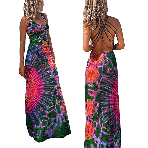 Image of Women Sexy Backless Maxi Dress Y2k Tie-Dye Print U-Neck Sleeveless Fashion Cross Backless Party Dress